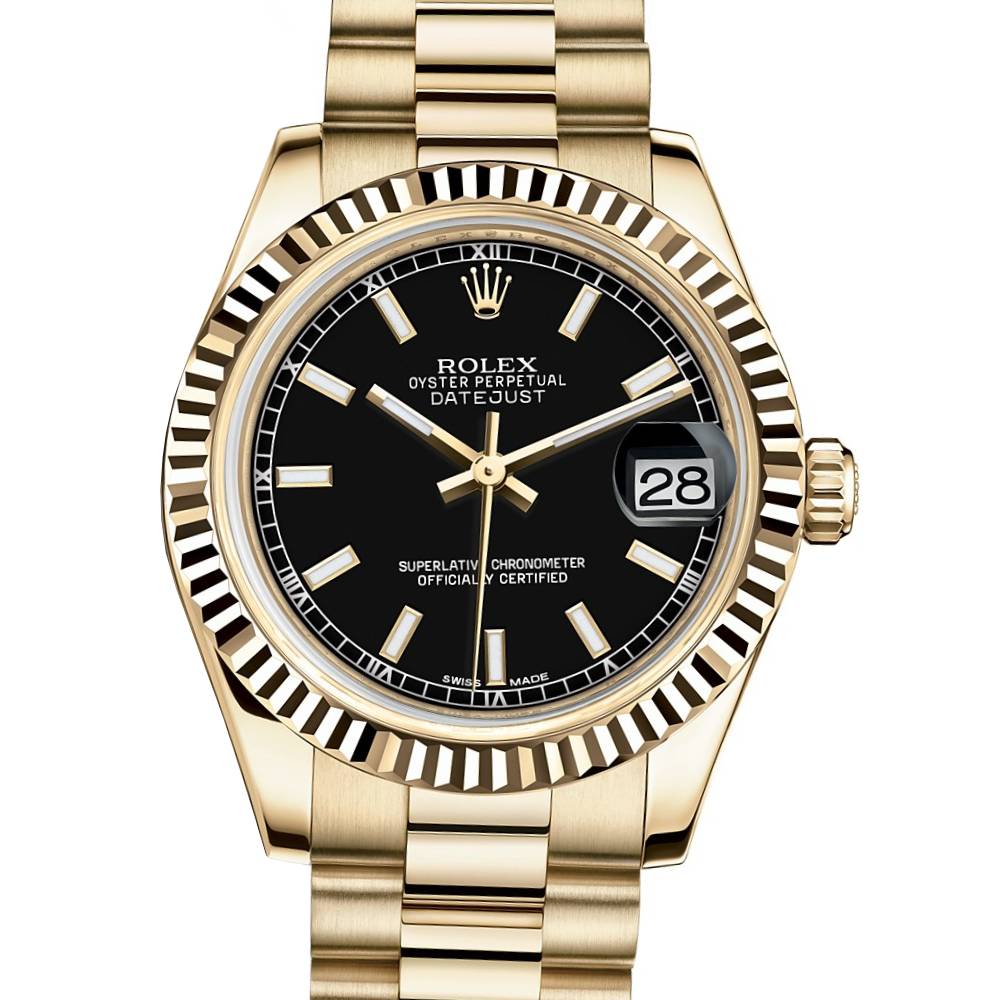 Rolex Datejust 31mm - Ref: 178278 bkip - Black Dial, 18K Yellow Gold President Bracelet Women's Watch