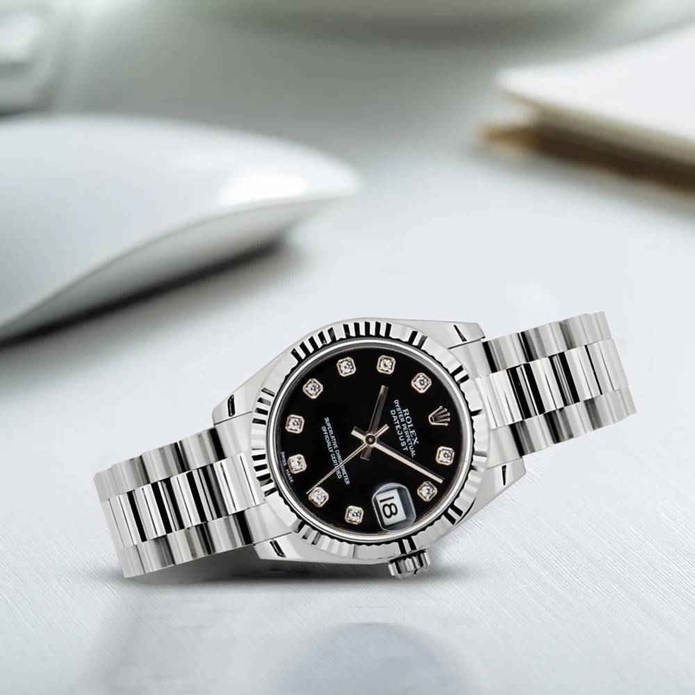 Rolex Datejust 31mm - Ref: 178279 bkdp - Black Dial & Diamond Bezel, 18K White Gold President Bracelet Women's Watch