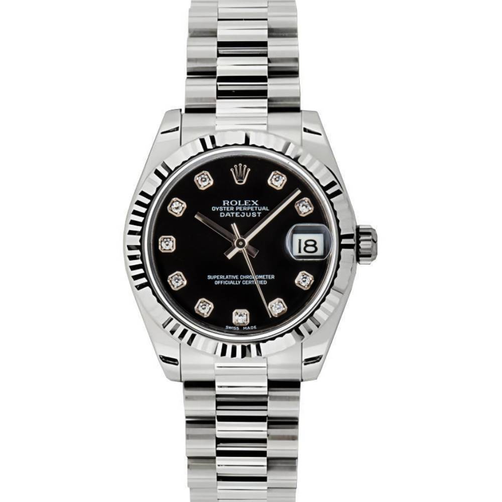 Rolex Datejust 31mm - Ref: 178279 bkdp - Black Dial & Diamond Bezel, 18K White Gold President Bracelet Women's Watch