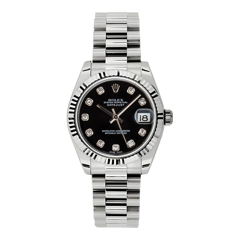 Rolex Datejust 31mm - Ref: 178279 bkdp - Black Dial & Diamond Bezel, 18K White Gold President Bracelet Women's Watch