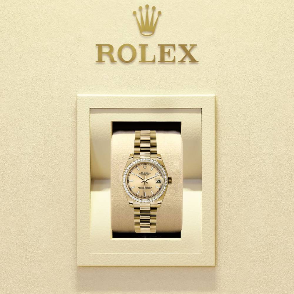Rolex Datejust 31mm - Ref: 178288 chcap 2 - Champagne Dial & Diamond Bezel, 18K Yellow Gold President Bracelet Women's Watch