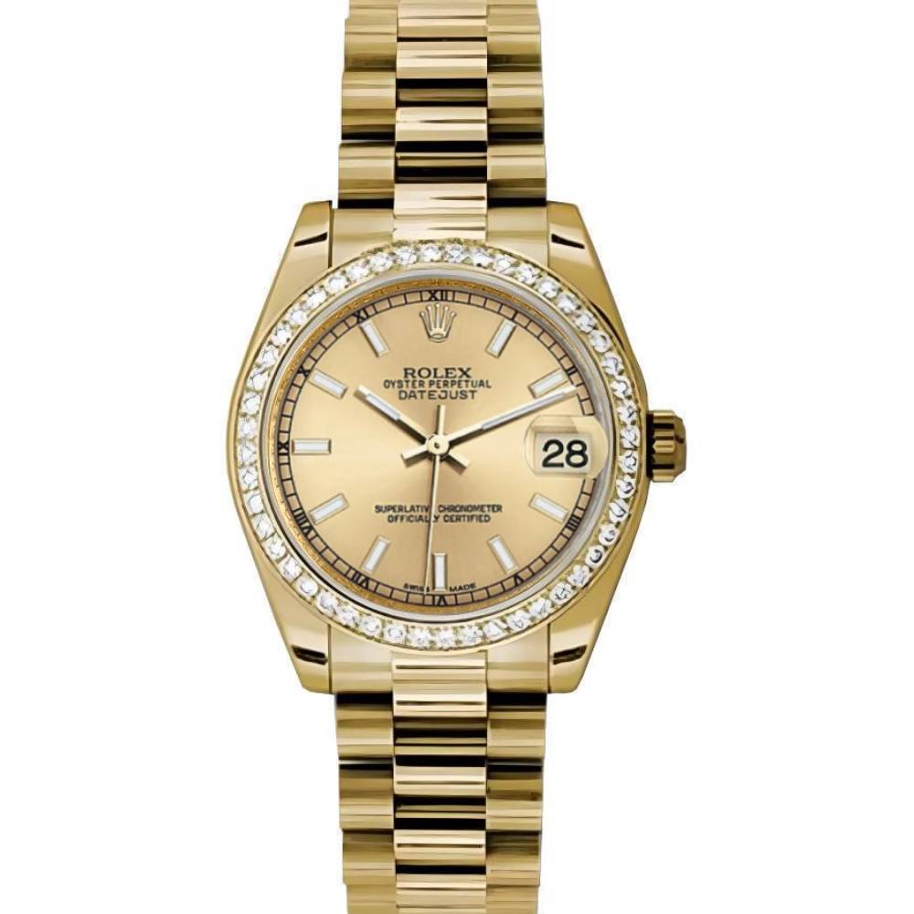 Rolex Datejust 31mm - Ref: 178288 chcap 2 - Champagne Dial & Diamond Bezel, 18K Yellow Gold President Bracelet Women's Watch