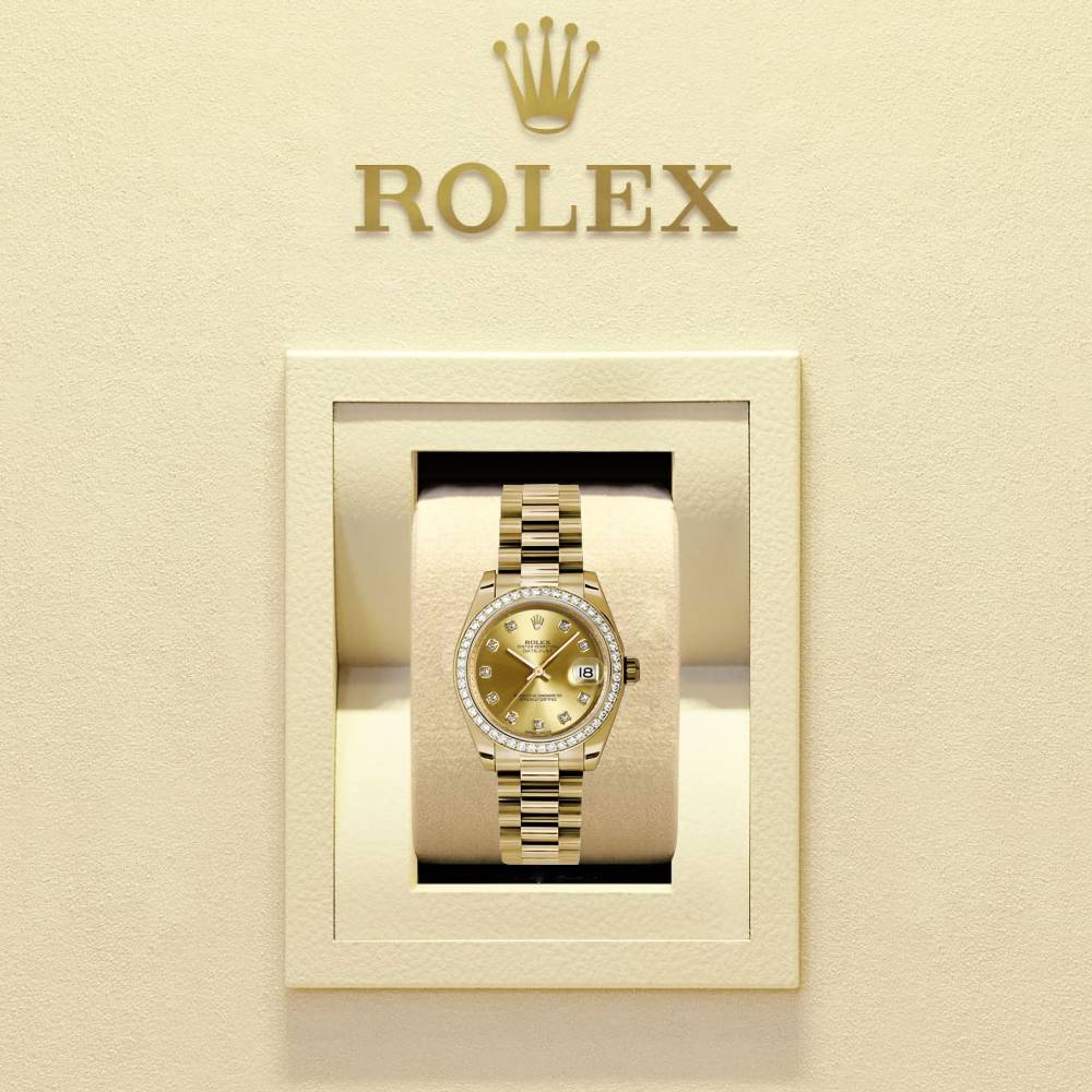 Rolex Datejust 31mm - Ref: 178288 chdp - Champagne Dial & Diamond Bezel, 18K Yellow Gold President Bracelet Women's Watch