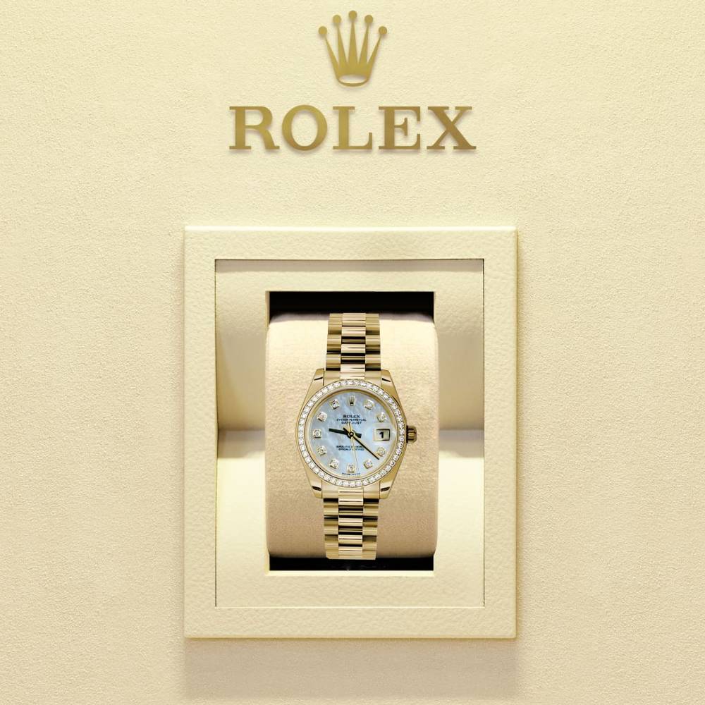 Rolex Datejust 31mm - Ref: 178288 mdp - White Mother of Pearl Dial & Diamond Bezel, 18K Yellow Gold President Bracelet Women's Watch