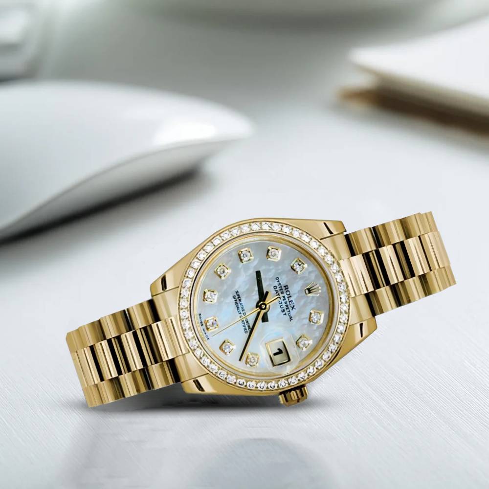 Rolex Datejust 31mm - Ref: 178288 mdp - White Mother of Pearl Dial & Diamond Bezel, 18K Yellow Gold President Bracelet Women's Watch