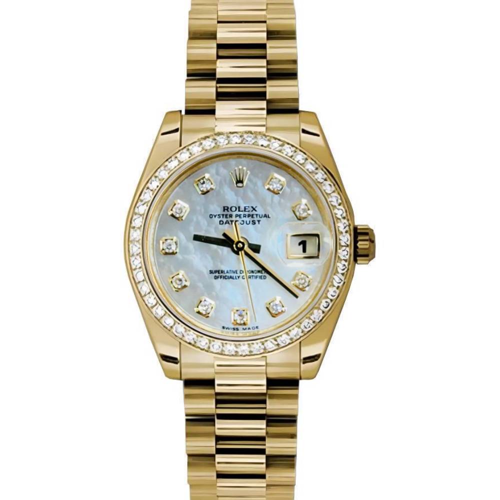 Rolex Datejust 31mm - Ref: 178288 mdp - White Mother of Pearl Dial & Diamond Bezel, 18K Yellow Gold President Bracelet Women's Watch