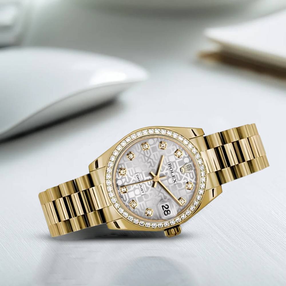 Rolex Datejust 31mm - Ref: 178288 sjdp - Silver Jubilee Dial, 18K Yellow Gold President Bracelet Women's Watch