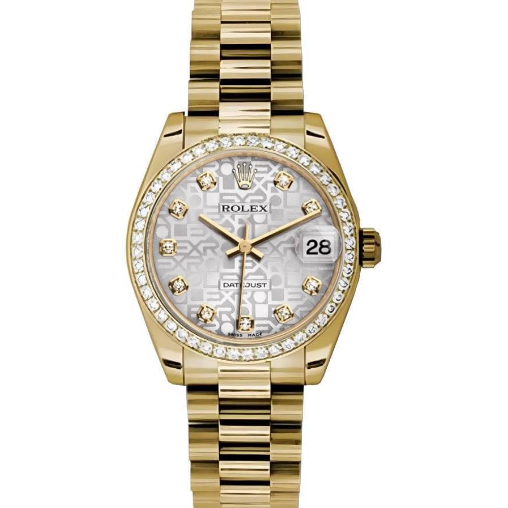 Rolex Datejust 31mm - Ref: 178288 sjdp - Silver Jubilee Dial, 18K Yellow Gold President Bracelet Women's Watch