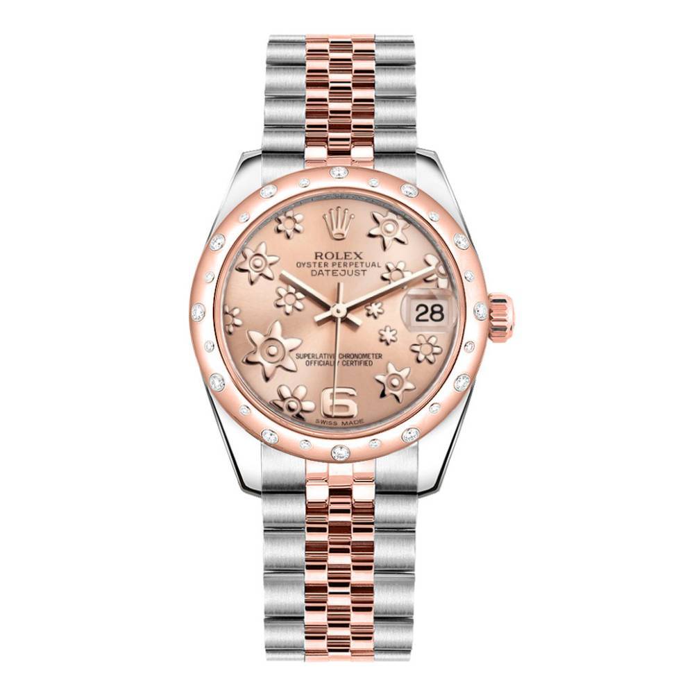 Rolex Datejust 31mm - Ref: 178341 pchfj - Pink Champagne Floral Dial & Diamond Bezel, Two Tone Stainless Steel & 18K Rose Gold Jubilee Bracelet Women's Watch