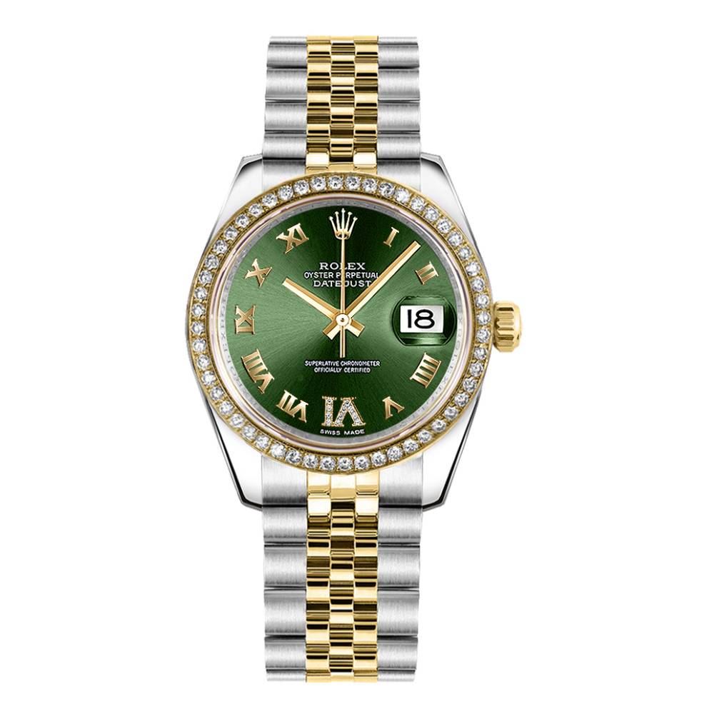 Rolex Datejust 31mm - Ref: 178383 ogdrj - Green Roman Diamond Dial & Diamond Bezel, Two Tone Stainless Steel & 18K Yellow Gold Jubilee Bracelet Women's Watch