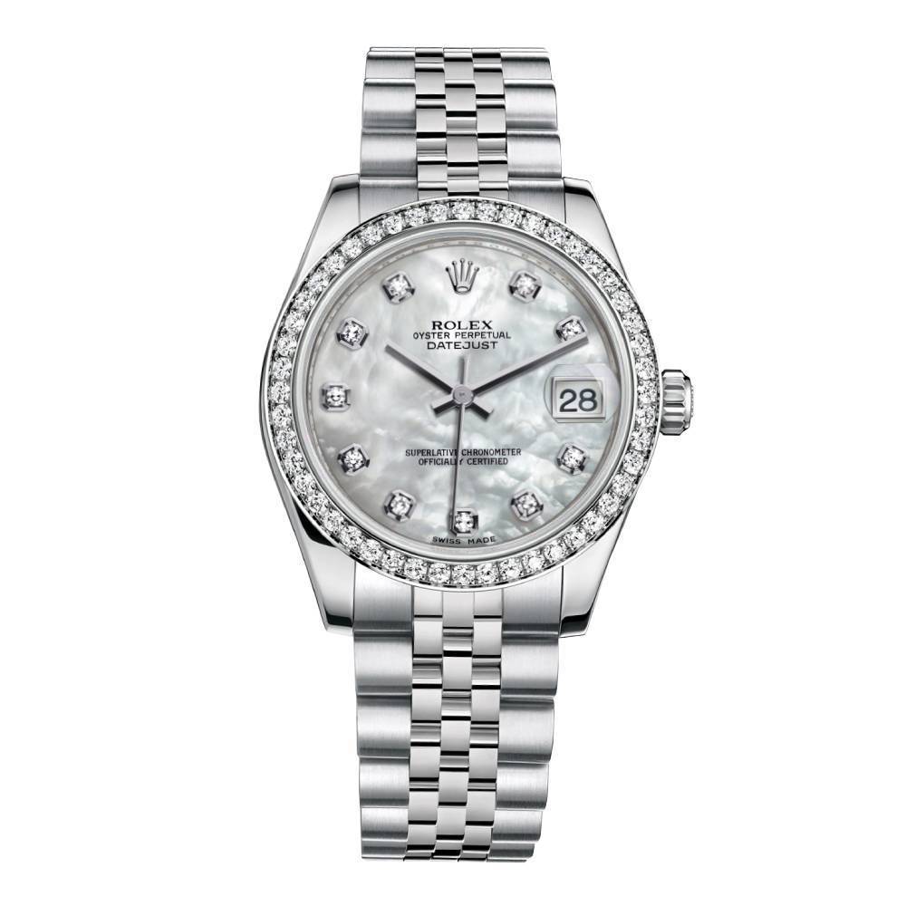 Rolex Datejust 31mm - Ref: 178384-0004 - White Mother of Pearl Dial & Diamond Bezel, Stainless Steel Jubilee Bracelet Women's Watch