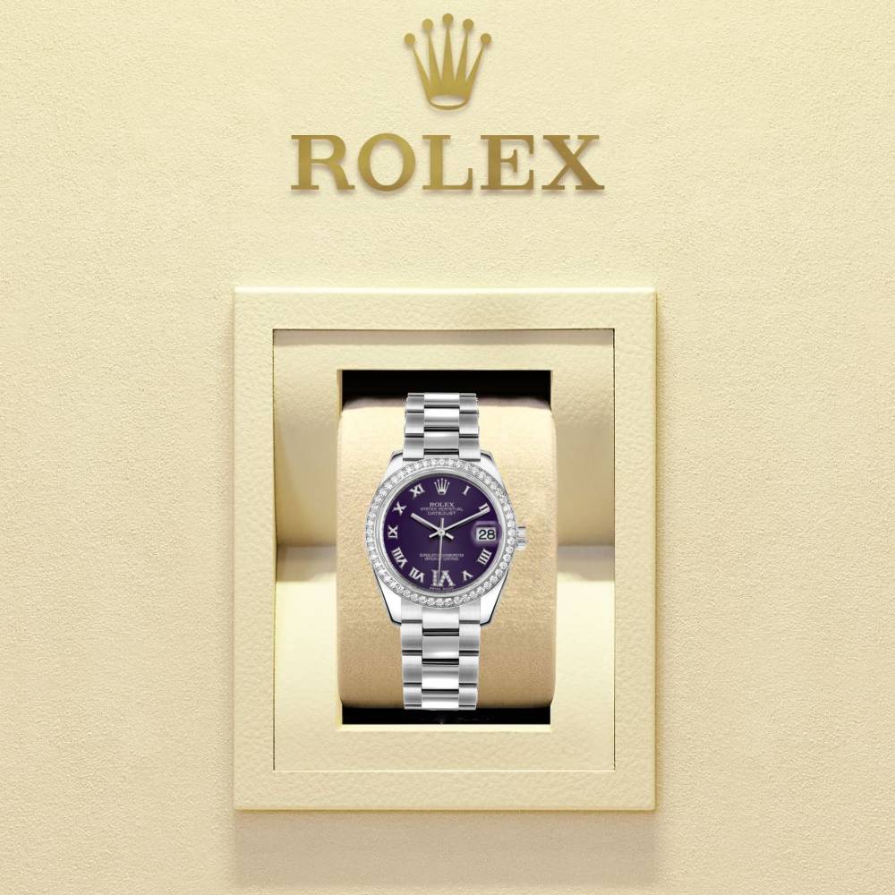 Rolex Datejust 31mm - Ref: 178384-0027 - Purple Dial & Diamond Bezel, Stainless Steel Oyster Bracelet Women's Watch