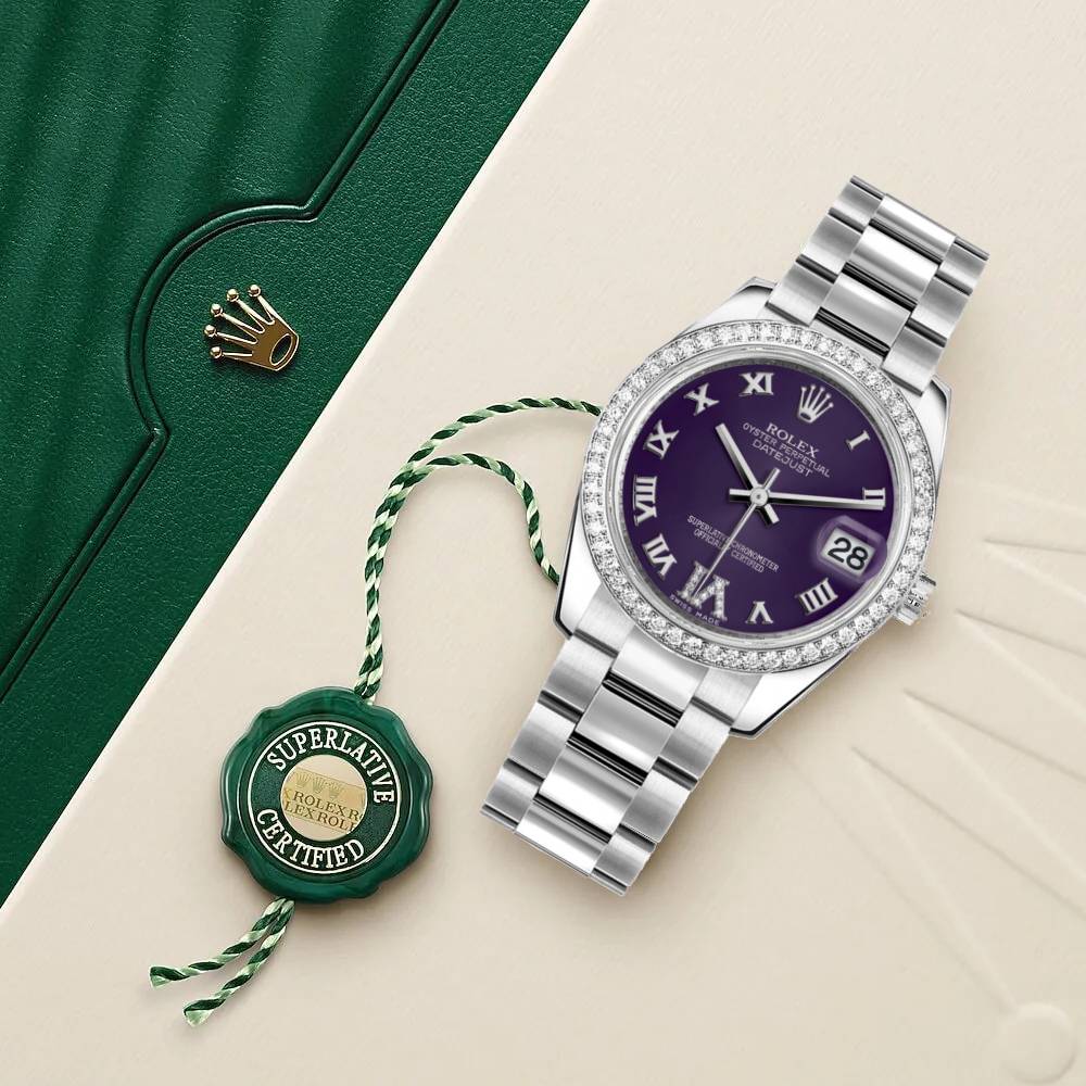 Rolex Datejust 31mm - Ref: 178384-0027 - Purple Dial & Diamond Bezel, Stainless Steel Oyster Bracelet Women's Watch