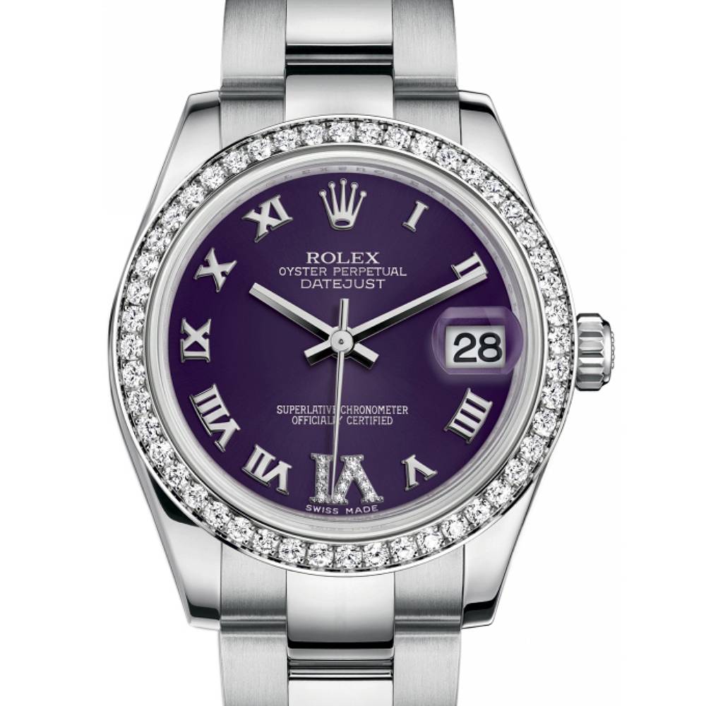 Rolex Datejust 31mm - Ref: 178384-0027 - Purple Dial & Diamond Bezel, Stainless Steel Oyster Bracelet Women's Watch