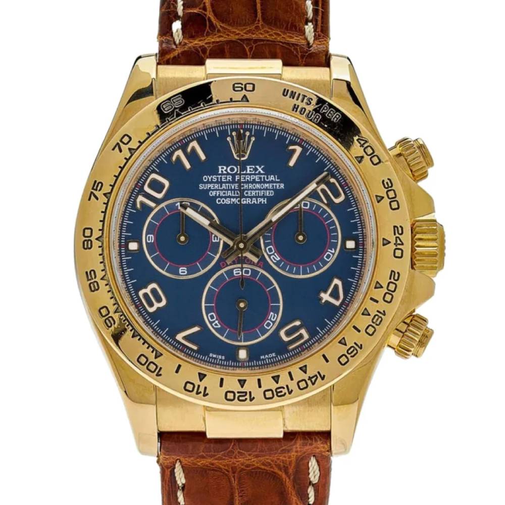 Rolex Cosmograph Daytona 40mm - Ref: 116518 blabr - Blue Arabic Numerals Dial, 18K Yellow Gold & Brown Leather Strap Men's Watch