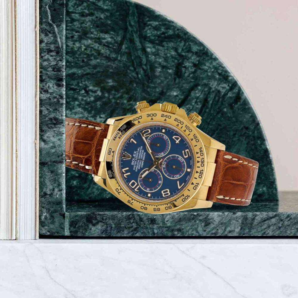 Rolex Cosmograph Daytona 40mm - Ref: 116518 blabr - Blue Arabic Numerals Dial, 18K Yellow Gold & Brown Leather Strap Men's Watch