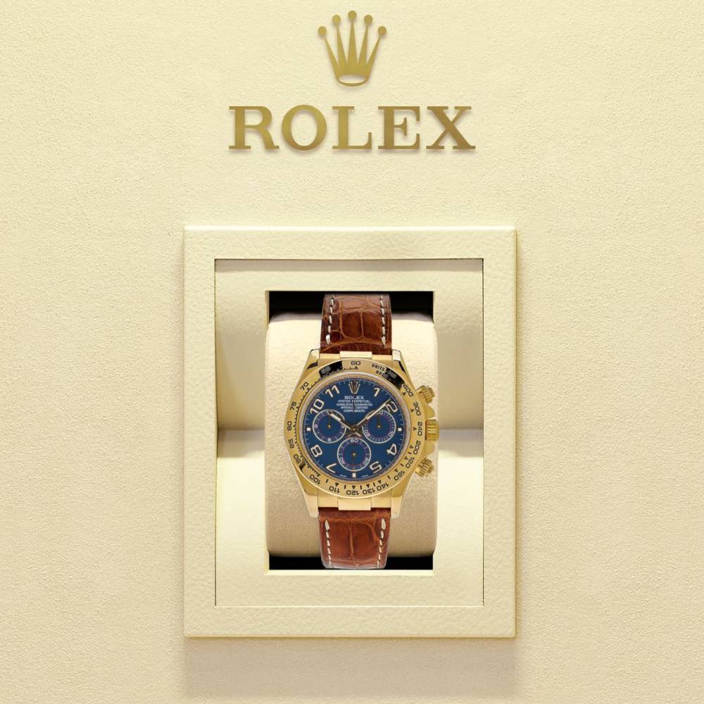 Rolex Cosmograph Daytona 40mm - Ref: 116518 blabr - Blue Arabic Numerals Dial, 18K Yellow Gold & Brown Leather Strap Men's Watch