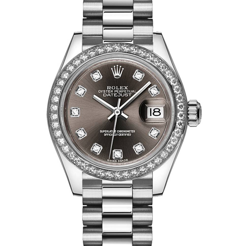 Rolex Lady-Datejust 28mm - Ref: 279136rbr-0011 - Grey Diamond Dial & Diamond Bezel, 18K White Gold Presidential Bracelet Women's Watch