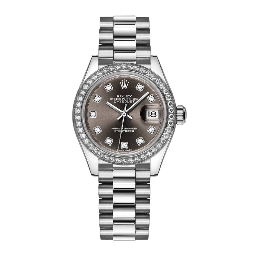 Rolex Lady-Datejust 28mm - Ref: 279136rbr-0011 - Grey Diamond Dial & Diamond Bezel, 18K White Gold Presidential Bracelet Women's Watch