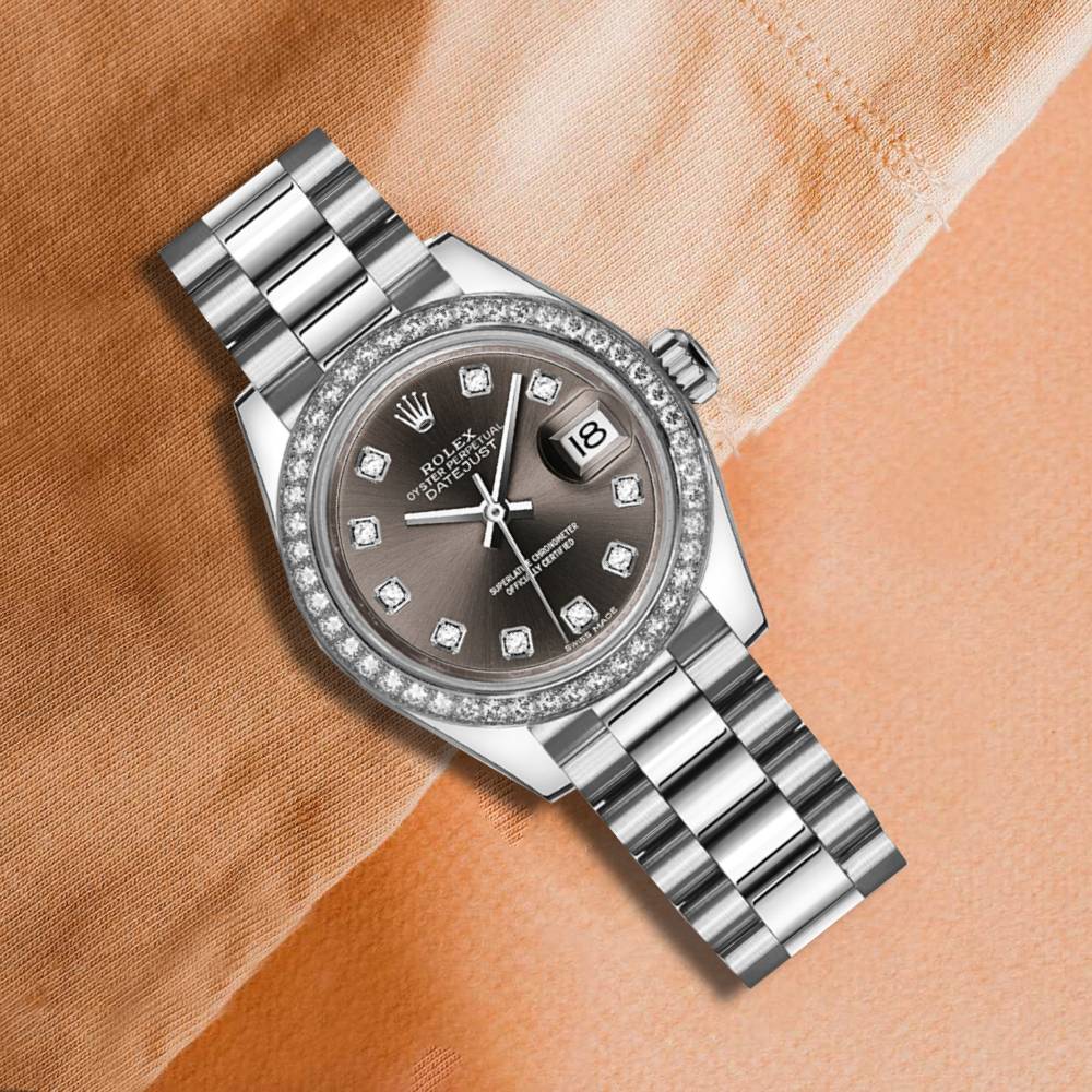 Rolex Lady-Datejust 28mm - Ref: 279136rbr-0011 - Grey Diamond Dial & Diamond Bezel, 18K White Gold Presidential Bracelet Women's Watch