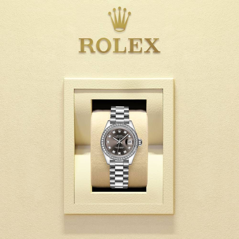 Rolex Lady-Datejust 28mm - Ref: 279136rbr-0011 - Grey Diamond Dial & Diamond Bezel, 18K White Gold Presidential Bracelet Women's Watch