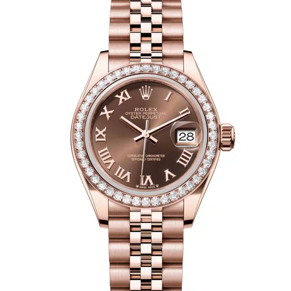 Rolex Lady-Datejust 28mm - Ref: 279135rbr-0012 - Chocolate Roman Diamond Dial & Diamond Bezel, 18K Rose Gold Jubilee Bracelet Women's Watch