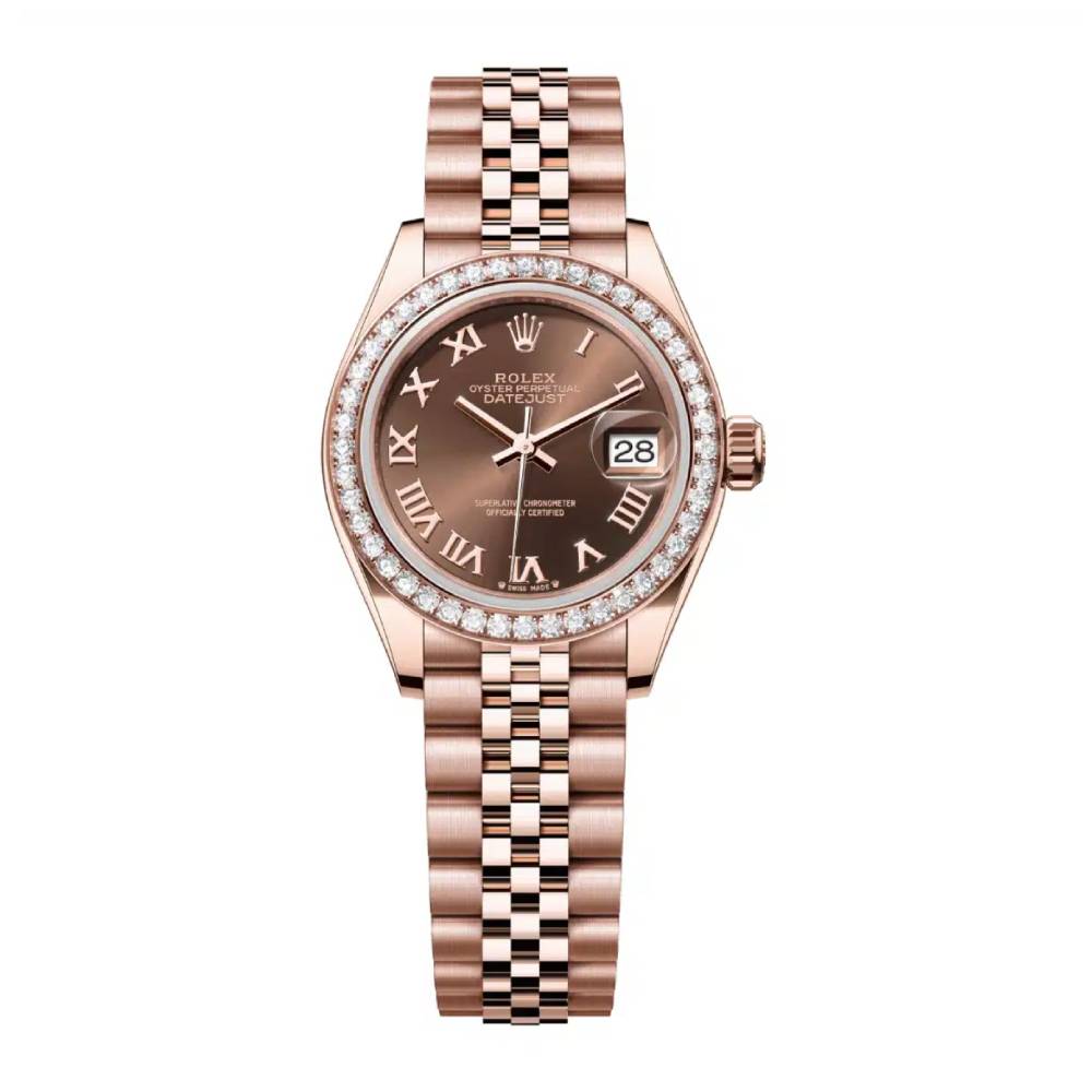 Rolex Lady-Datejust 28mm - Ref: 279135rbr-0012 - Chocolate Roman Diamond Dial & Diamond Bezel, 18K Rose Gold Jubilee Bracelet Women's Watch