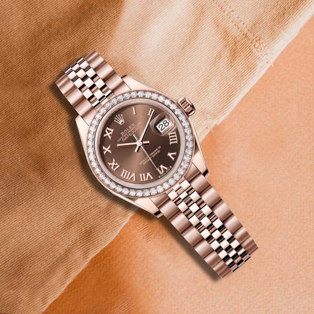 Rolex Lady-Datejust 28mm - Ref: 279135rbr-0012 - Chocolate Roman Diamond Dial & Diamond Bezel, 18K Rose Gold Jubilee Bracelet Women's Watch