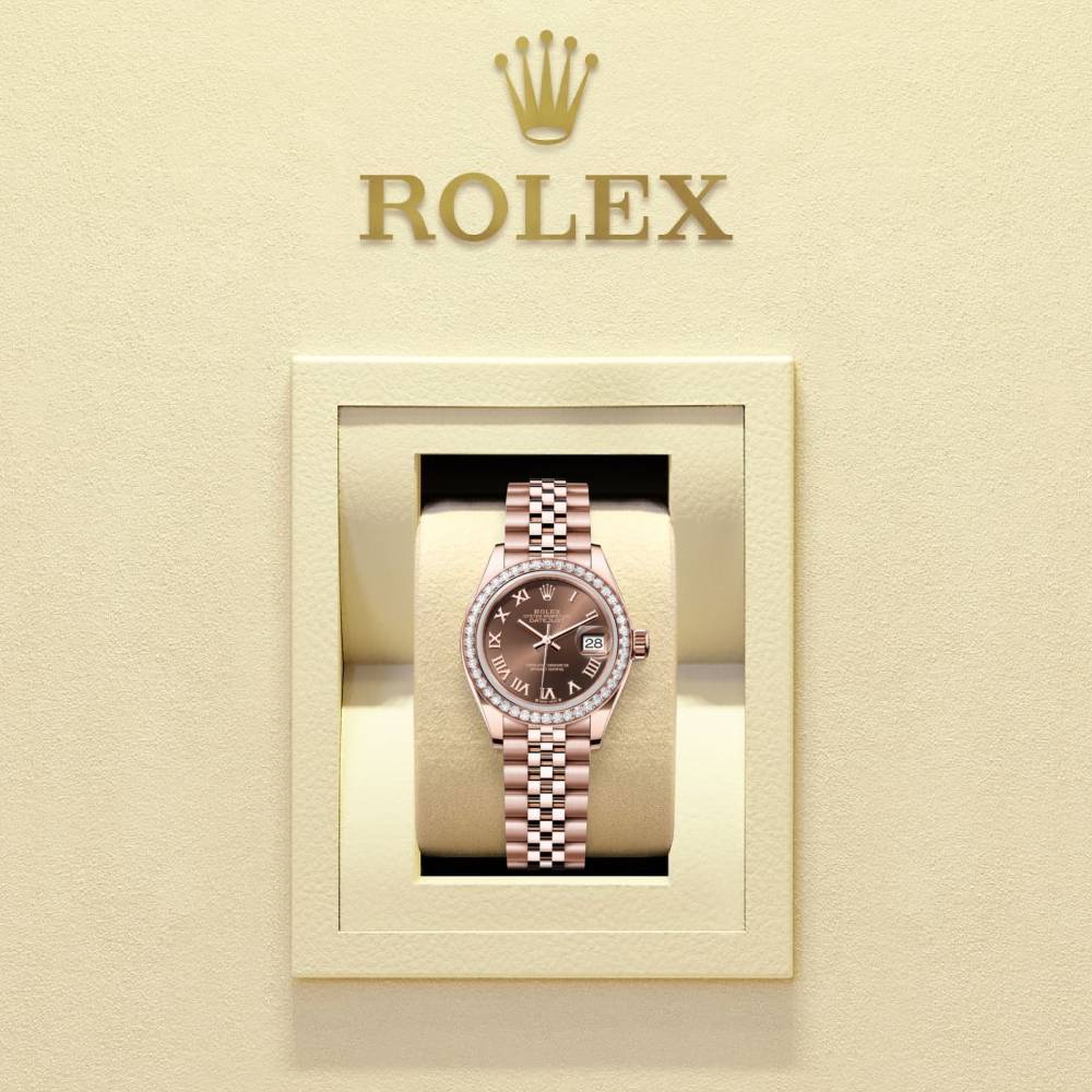 Rolex Lady-Datejust 28mm - Ref: 279135rbr-0012 - Chocolate Roman Diamond Dial & Diamond Bezel, 18K Rose Gold Jubilee Bracelet Women's Watch