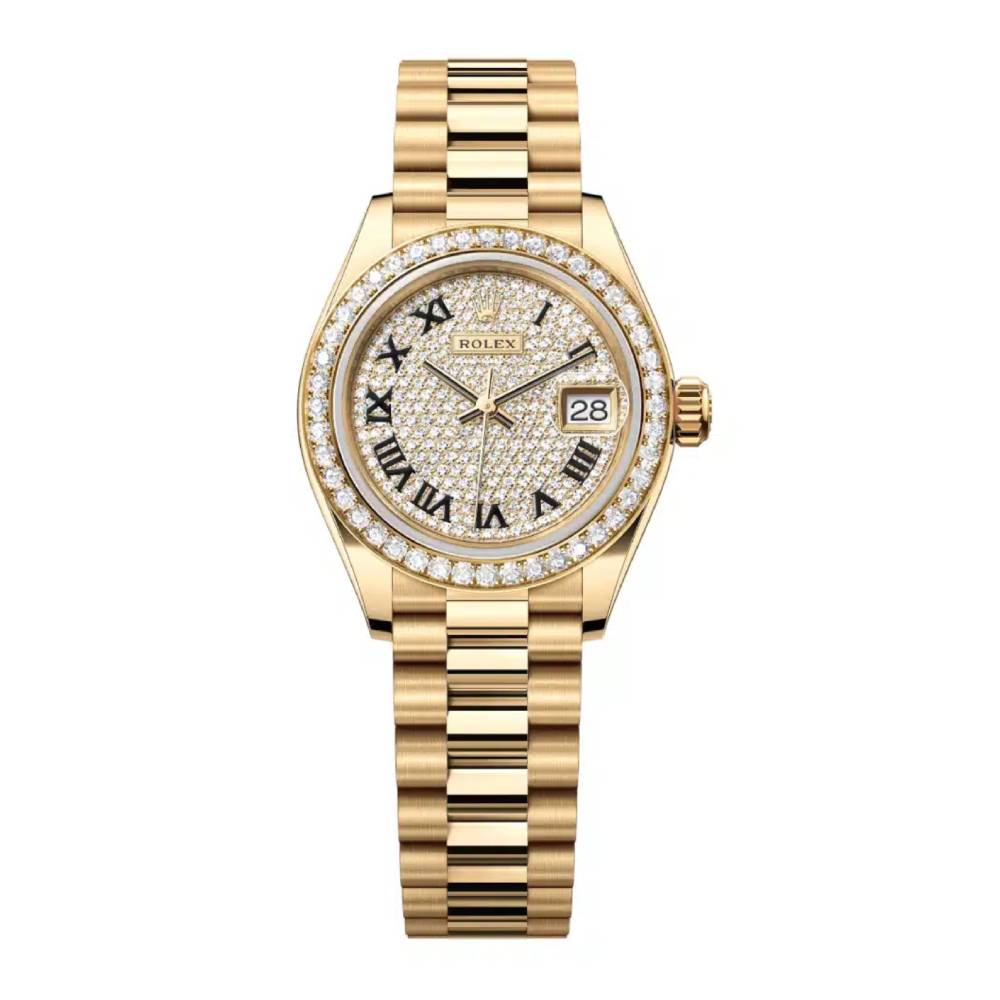 Rolex Lady Datejust 28mm - Ref: 279138rbr-0029 - Diamond Pave Dial, 18K Yellow Gold President Bracelet Women's Watch