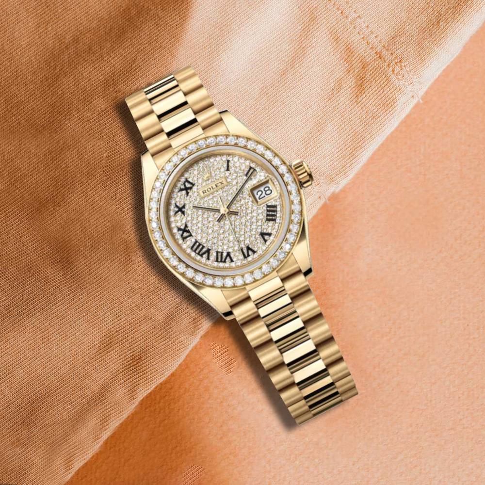 Rolex Lady Datejust 28mm - Ref: 279138rbr-0029 - Diamond Pave Dial, 18K Yellow Gold President Bracelet Women's Watch