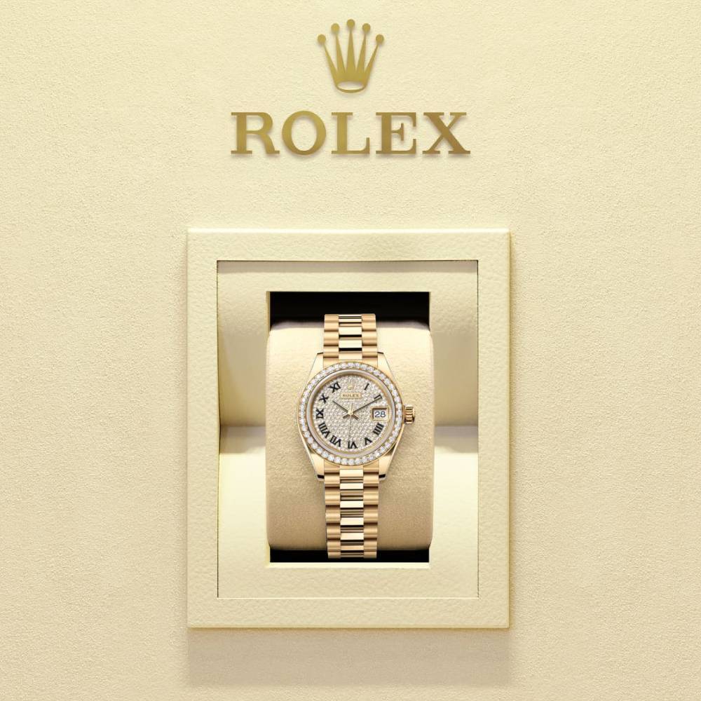 Rolex Lady Datejust 28mm - Ref: 279138rbr-0029 - Diamond Pave Dial, 18K Yellow Gold President Bracelet Women's Watch