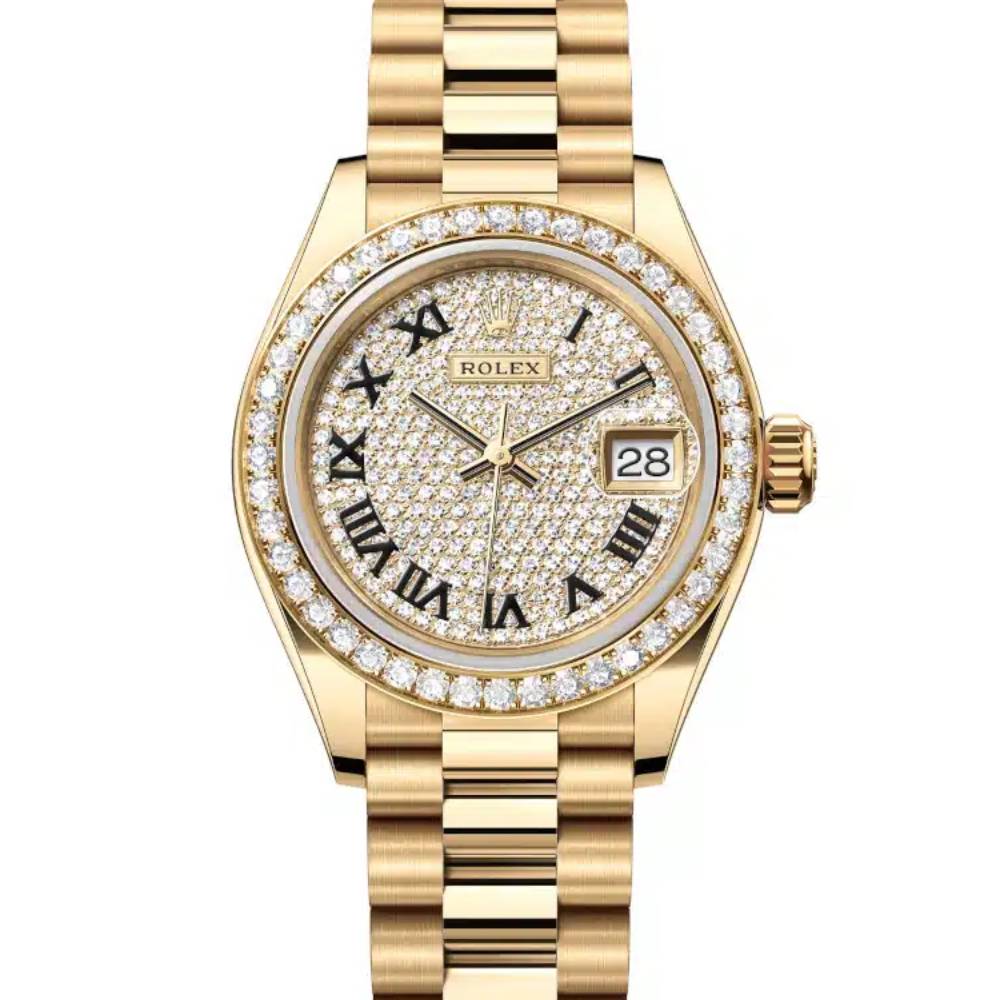 Rolex Lady Datejust 28mm - Ref: 279138rbr-0029 - Diamond Pave Dial, 18K Yellow Gold President Bracelet Women's Watch