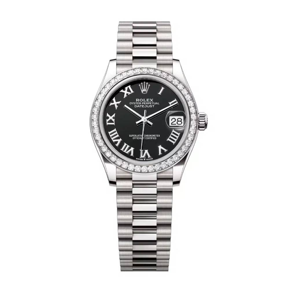 Rolex Datejust 31mm - Ref: 278289rbr-0011 - Black Roman Dial & Diamond Bezel, 18K White Gold President Bracelet Women's Watch