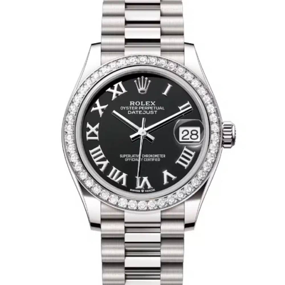 Rolex Datejust 31mm - Ref: 278289rbr-0011 - Black Roman Dial & Diamond Bezel, 18K White Gold President Bracelet Women's Watch