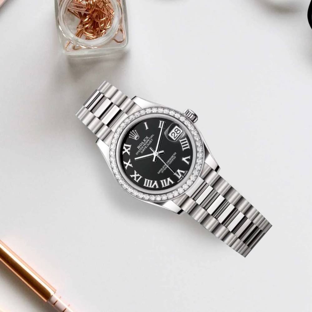 Rolex Datejust 31mm - Ref: 278289rbr-0011 - Black Roman Dial & Diamond Bezel, 18K White Gold President Bracelet Women's Watch