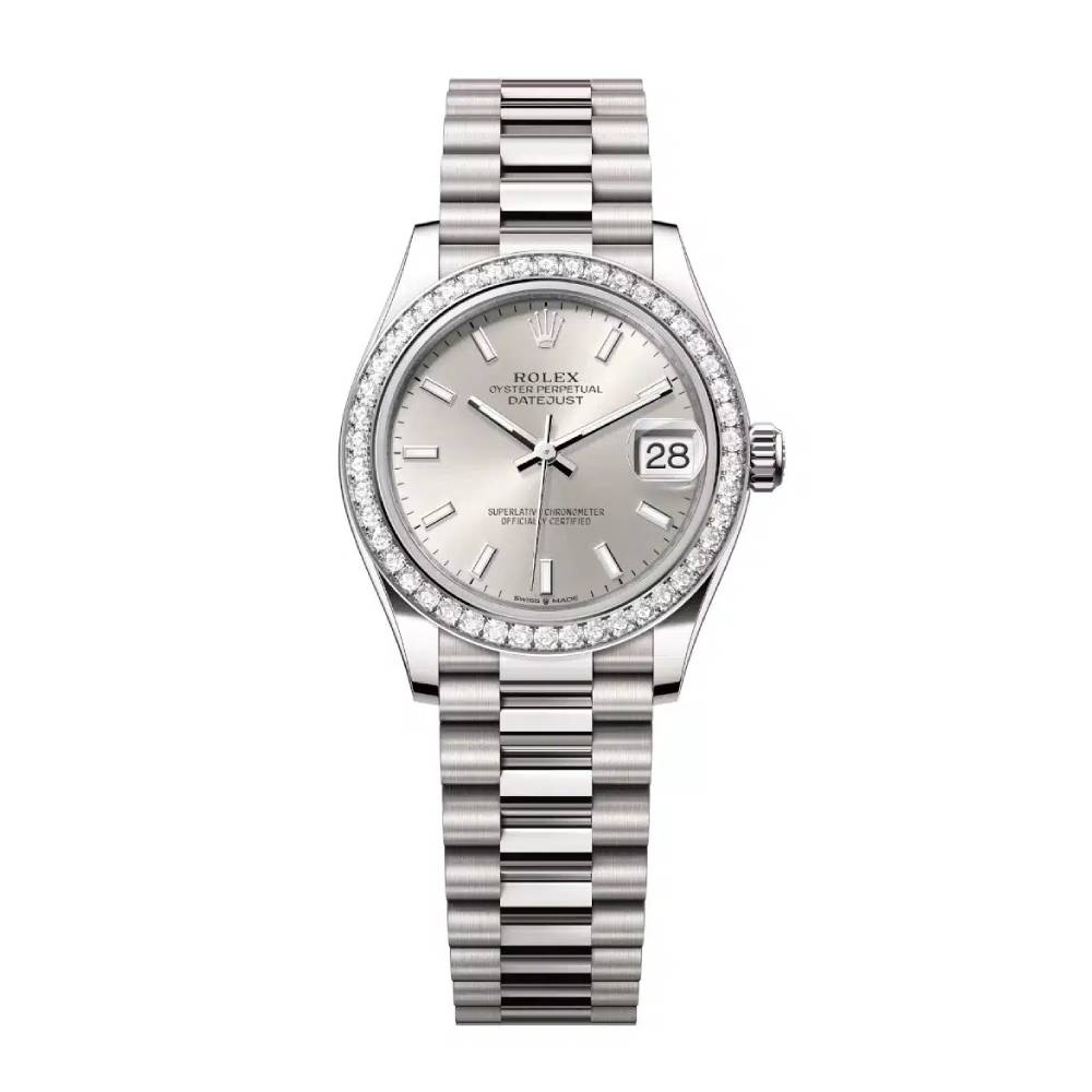 Rolex Datejust 31mm - Ref: 278289rbr-0012 - Silver Stick Dial & Diamond Bezel, 18K White Gold President Bracelet Women's Watch