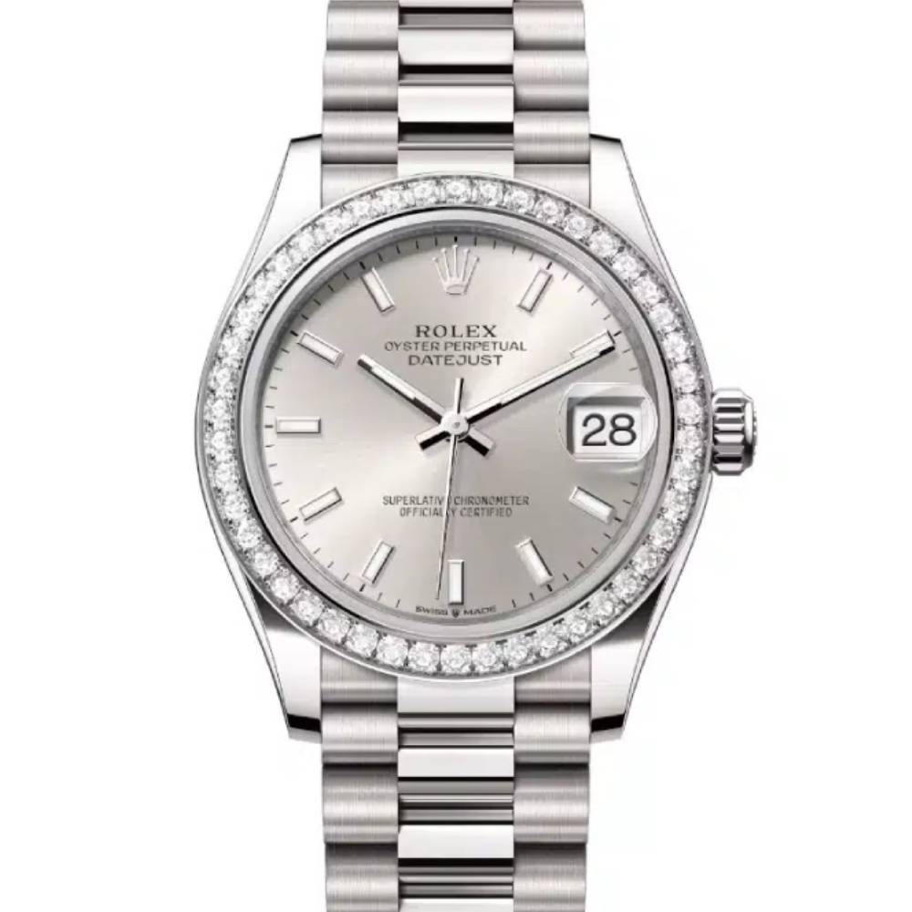 Rolex Datejust 31mm - Ref: 278289rbr-0012 - Silver Stick Dial & Diamond Bezel, 18K White Gold President Bracelet Women's Watch