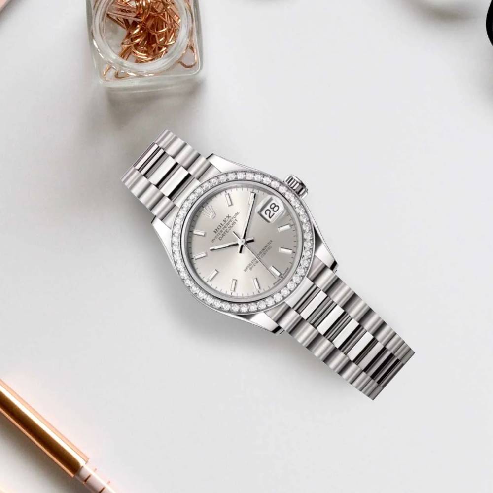 Rolex Datejust 31mm - Ref: 278289rbr-0012 - Silver Stick Dial & Diamond Bezel, 18K White Gold President Bracelet Women's Watch