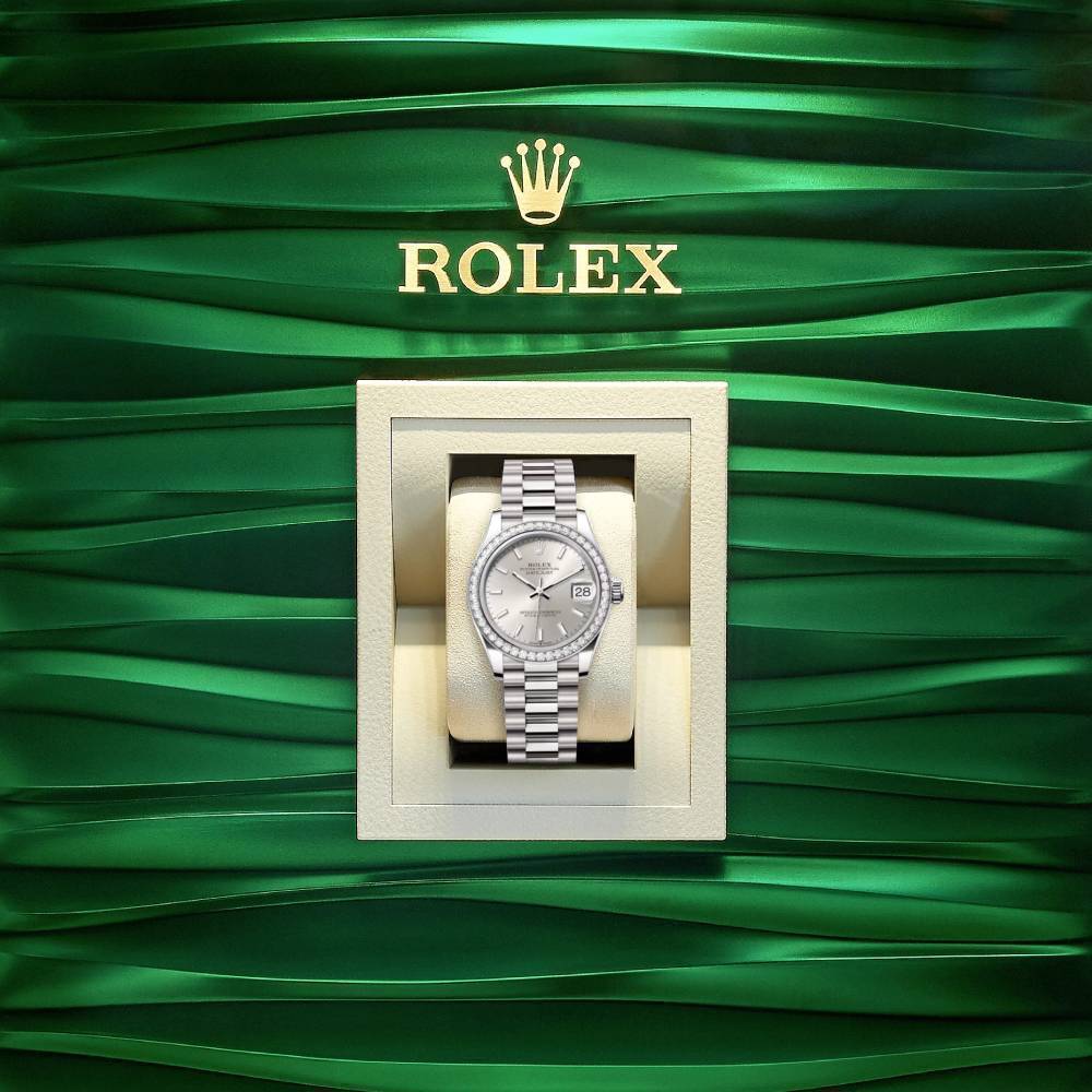 Rolex Datejust 31mm - Ref: 278289rbr-0012 - Silver Stick Dial & Diamond Bezel, 18K White Gold President Bracelet Women's Watch