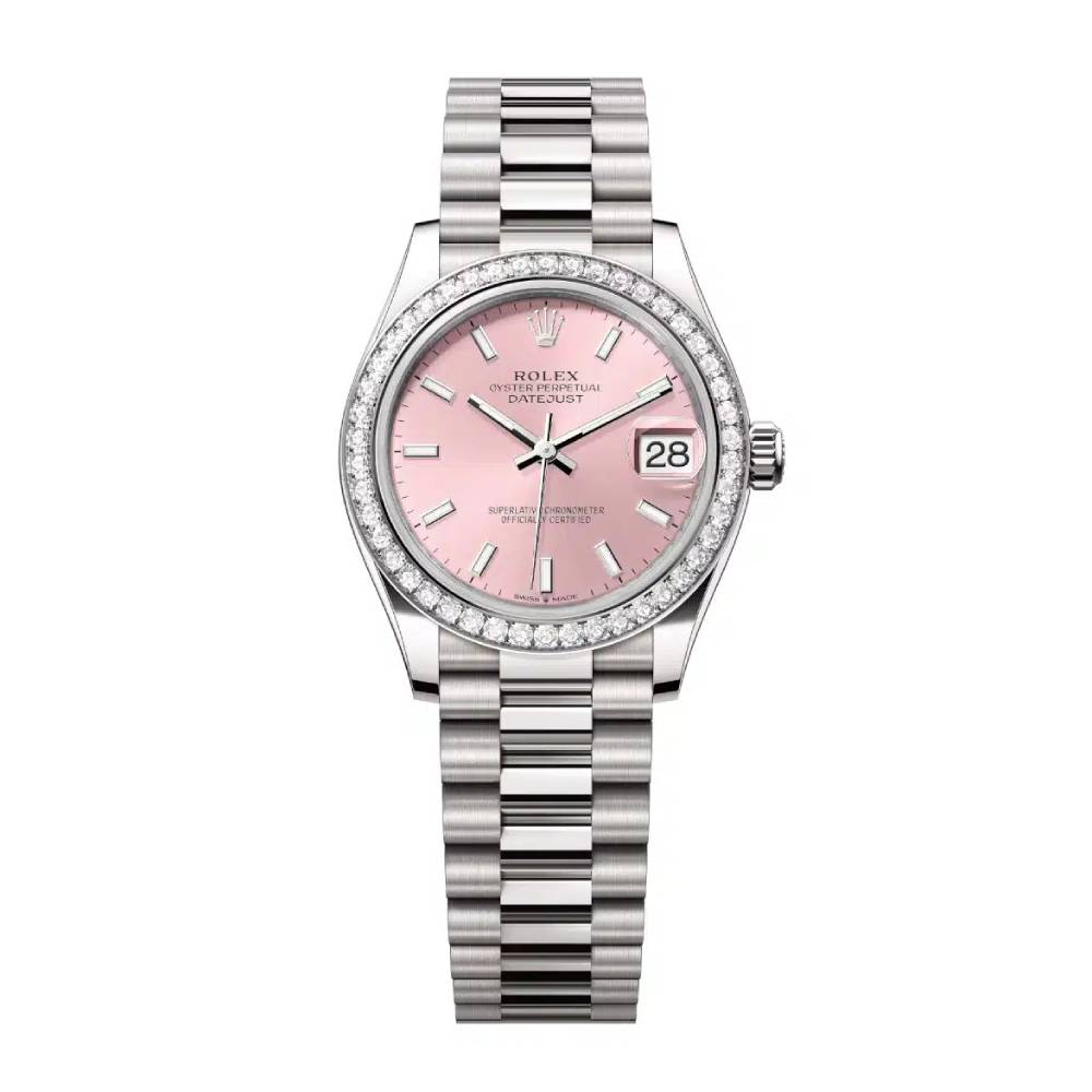 Rolex Datejust 31mm - Ref: 278289rbr-0013 - Pink Stick Dial & Diamond Bezel, 18K White Gold President Bracelet Women's Watch