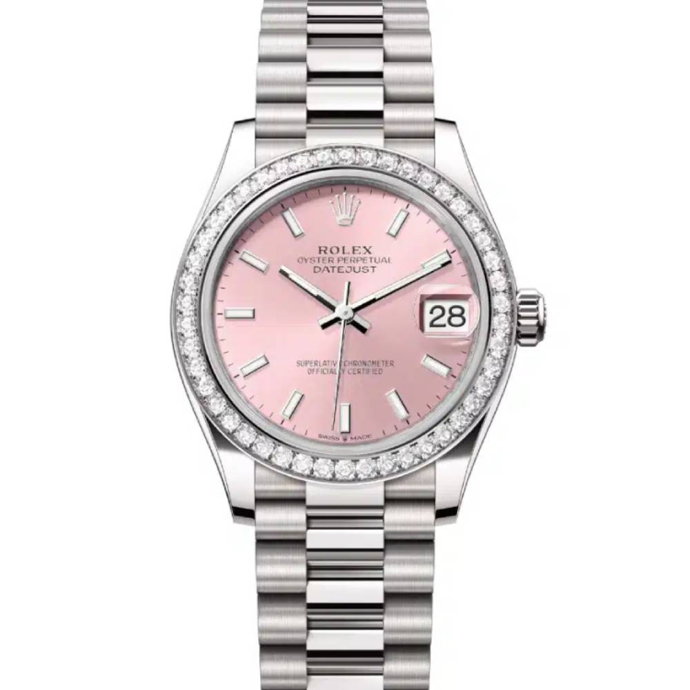 Rolex Datejust 31mm - Ref: 278289rbr-0013 - Pink Stick Dial & Diamond Bezel, 18K White Gold President Bracelet Women's Watch