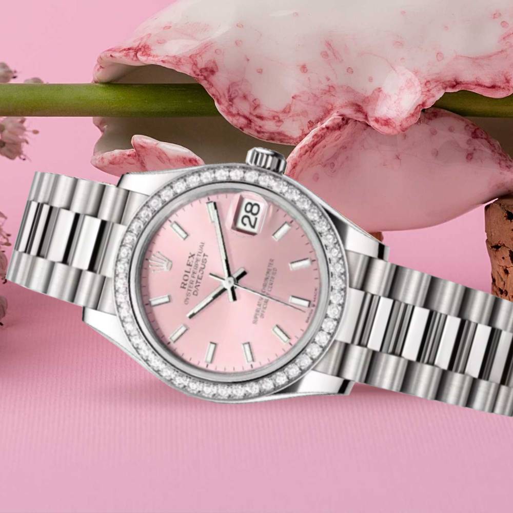 Rolex Datejust 31mm - Ref: 278289rbr-0013 - Pink Stick Dial & Diamond Bezel, 18K White Gold President Bracelet Women's Watch