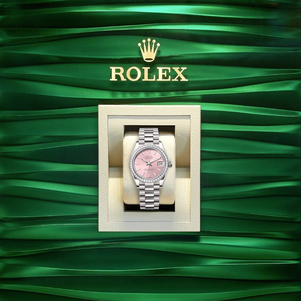 Rolex Datejust 31mm - Ref: 278289rbr-0013 - Pink Stick Dial & Diamond Bezel, 18K White Gold President Bracelet Women's Watch