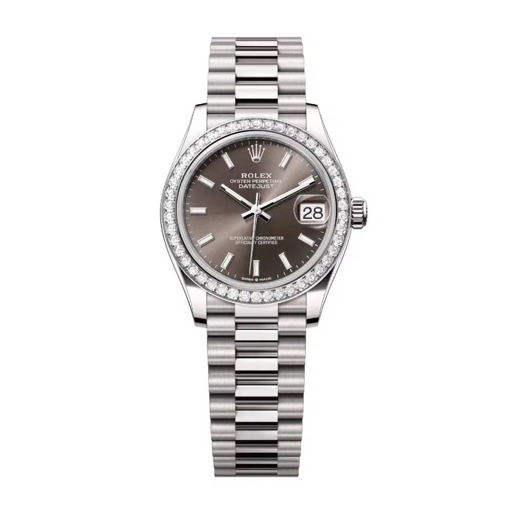 Rolex Datejust 31mm - Ref: 278289rbr-0014 - Dark Grey Stick Dial & Diamond Bezel, 18K White Gold President Bracelet Women's Watch