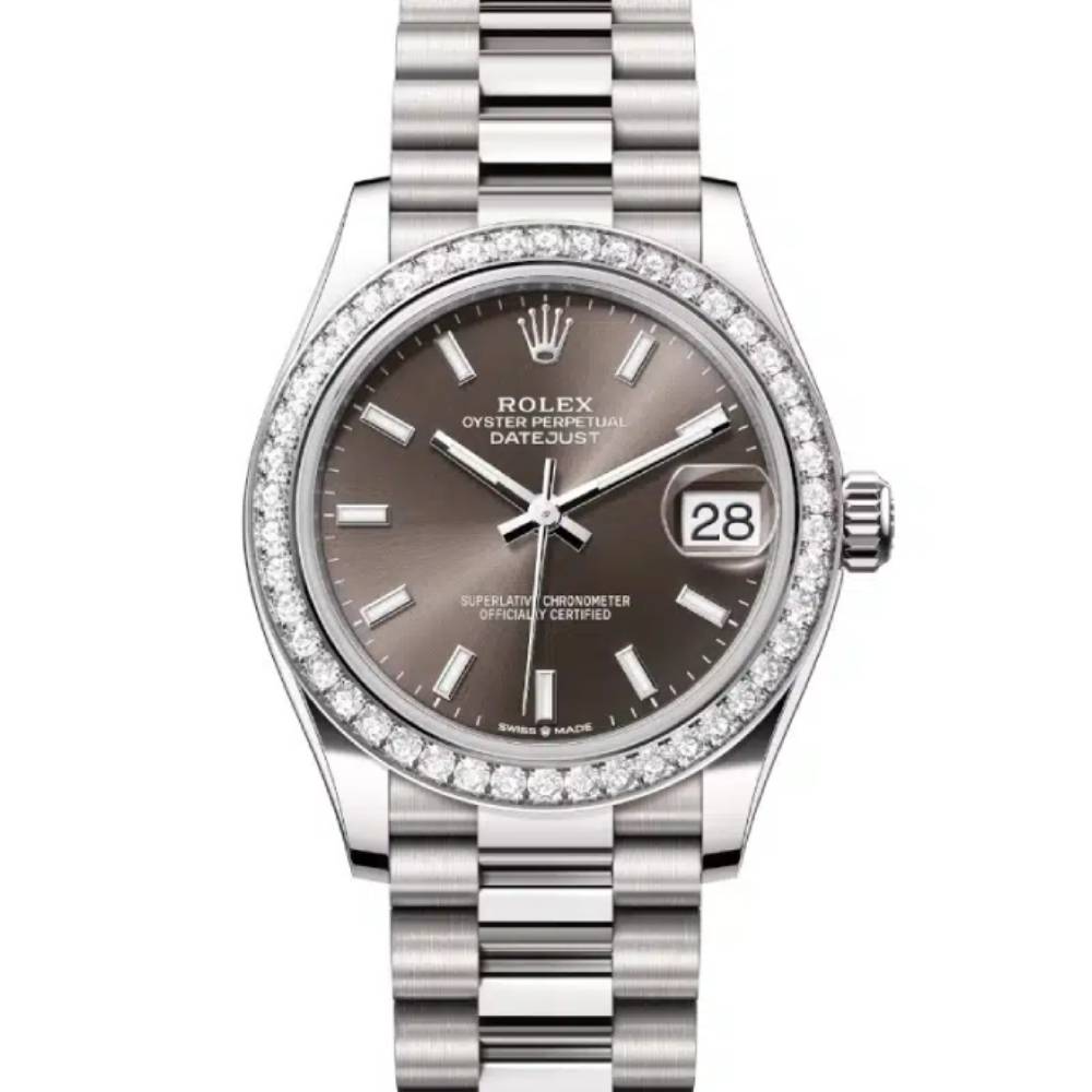 Rolex Datejust 31mm - Ref: 278289rbr-0014 - Dark Grey Stick Dial & Diamond Bezel, 18K White Gold President Bracelet Women's Watch