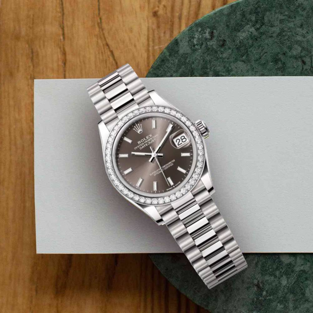 Rolex Datejust 31mm - Ref: 278289rbr-0014 - Dark Grey Stick Dial & Diamond Bezel, 18K White Gold President Bracelet Women's Watch