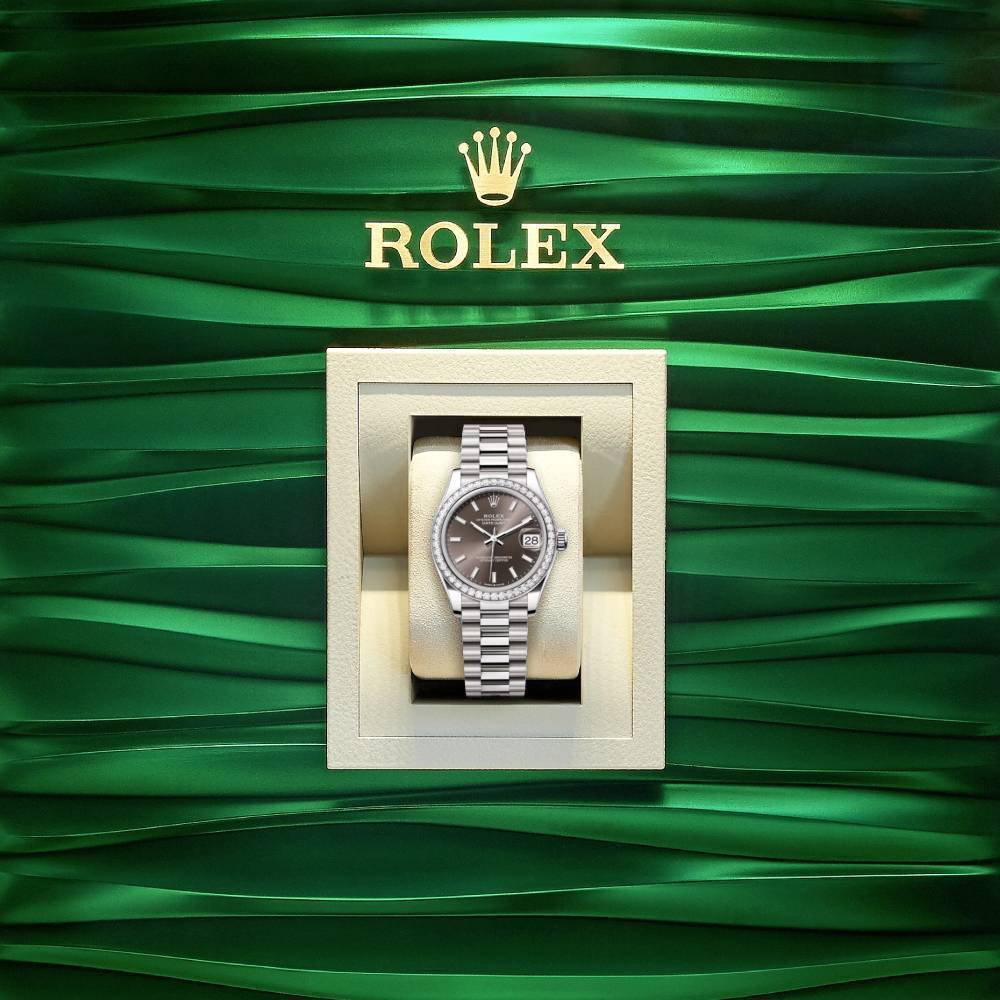 Rolex Datejust 31mm - Ref: 278289rbr-0014 - Dark Grey Stick Dial & Diamond Bezel, 18K White Gold President Bracelet Women's Watch