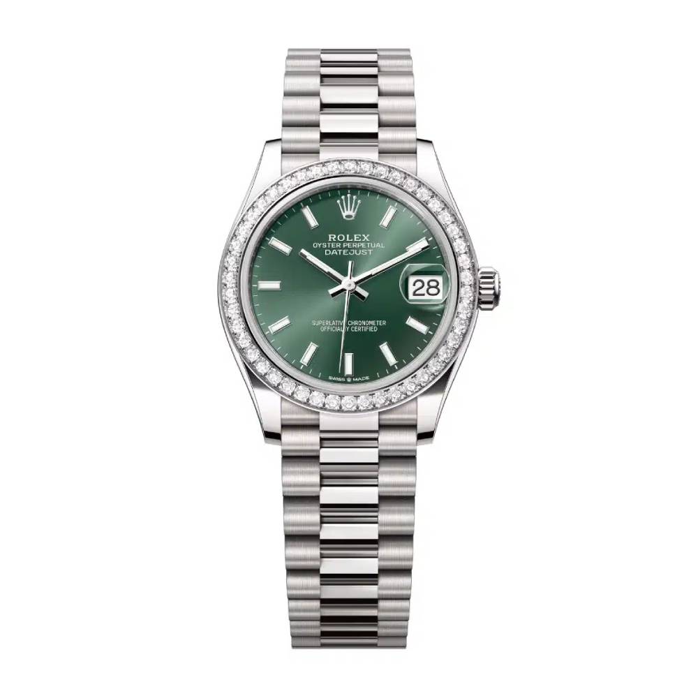 Rolex Datejust 31mm - Ref: 278289rbr-0015 - Mint Green Stick Dial & Diamond Bezel, 18K White Gold President Bracelet Women's Watch