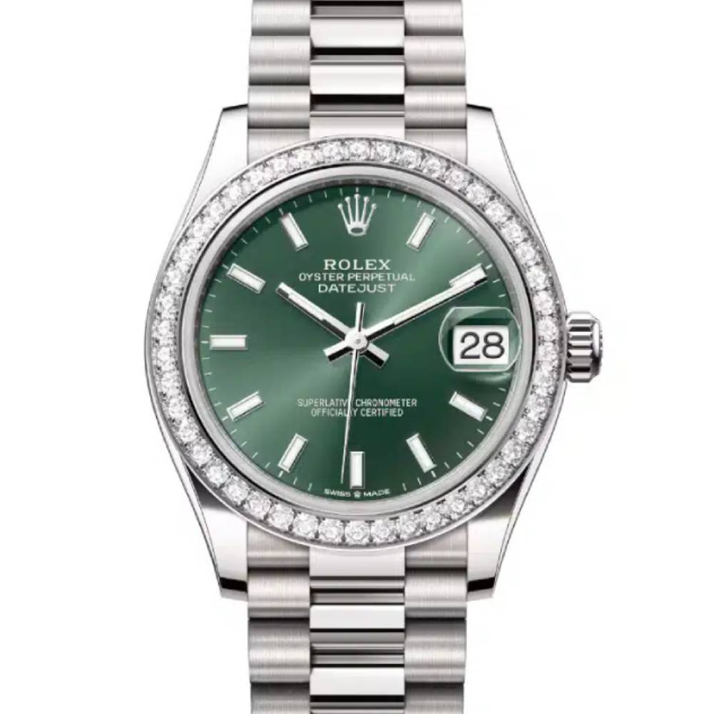 Rolex Datejust 31mm - Ref: 278289rbr-0015 - Mint Green Stick Dial & Diamond Bezel, 18K White Gold President Bracelet Women's Watch